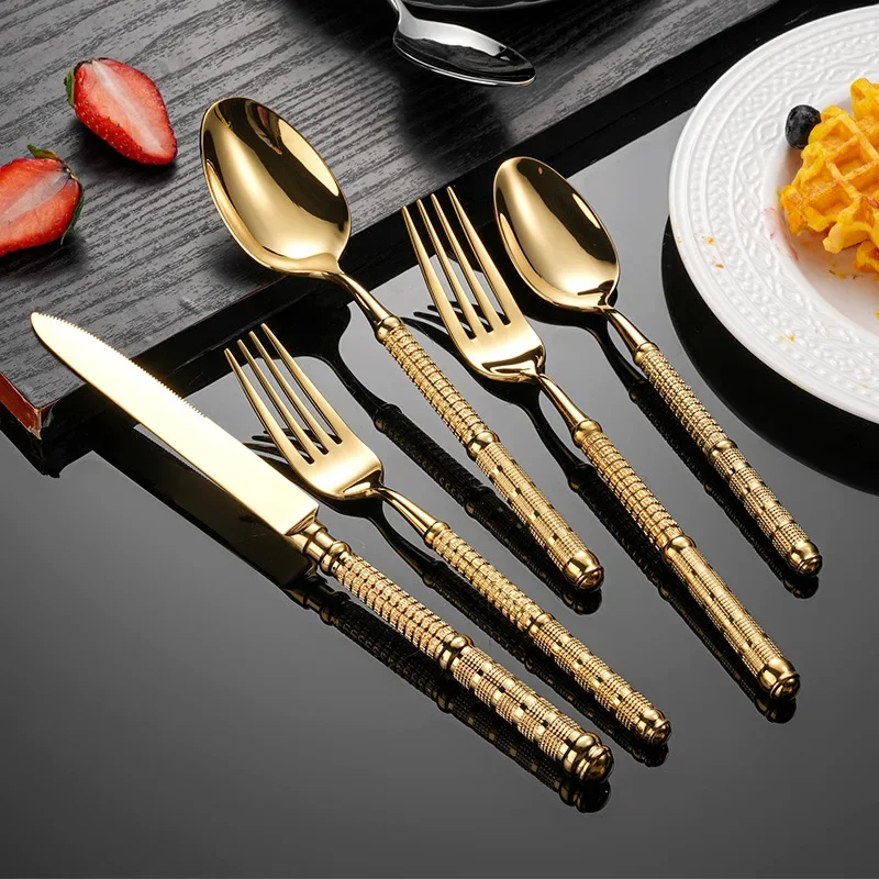 5/Pcs Gold Cutlery Set 304 Stainless Steel Tableware Silver Dinner Retro Embossed Handle Kitchen Dinnerware Cutlery Utensils