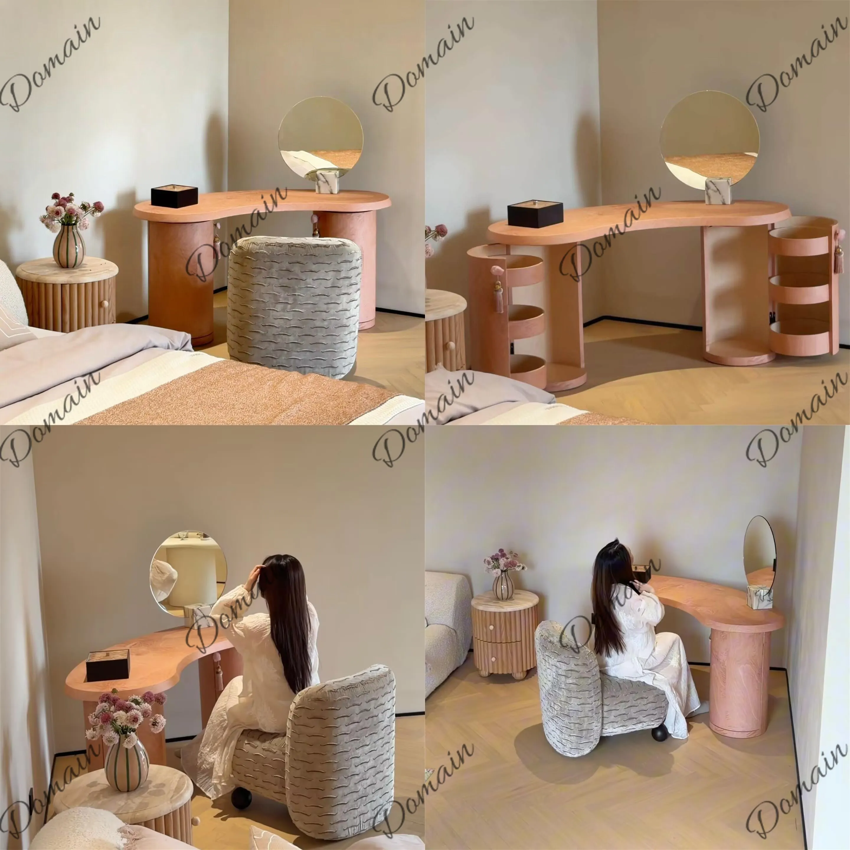 Wabi-Sabi Designer Vanity Table Minimalist Round Makeup Desk Modern Simple Curved Bedside Table for Small Space