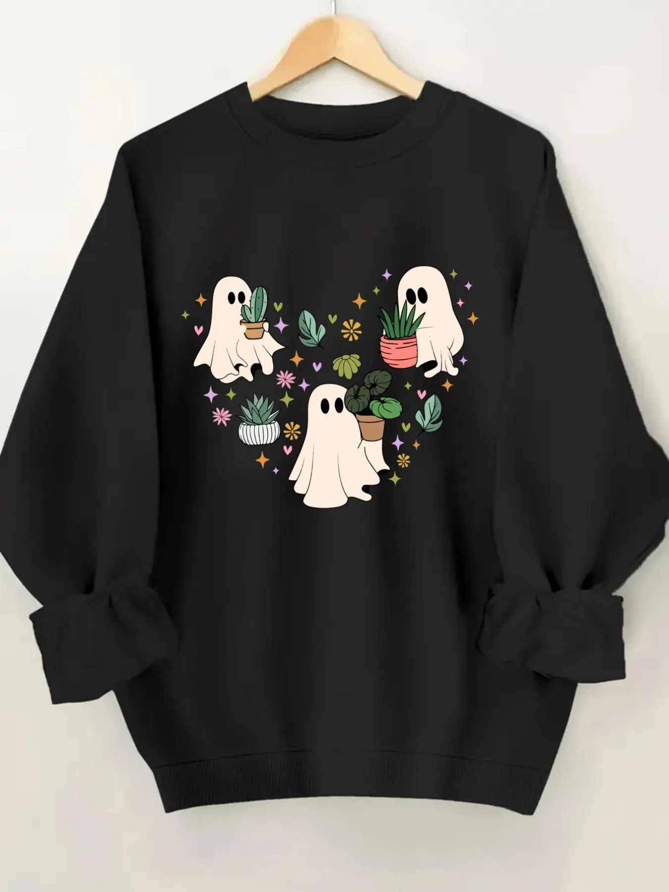 Women's Crewneck Pullover Sweatshirt Cute Ghost Plants Design, Soft Casual Long Sleeve, Daily Casual Top Outfit, Winter Women's Clothing, Halloween Costume Outfit