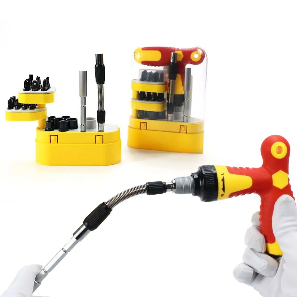 

T-Type Multi-Functional Ratchet Screwdriver Set With Two-Way Ratchet, Includes Ratchet Wrench, Bit, And Spring Extension Bar