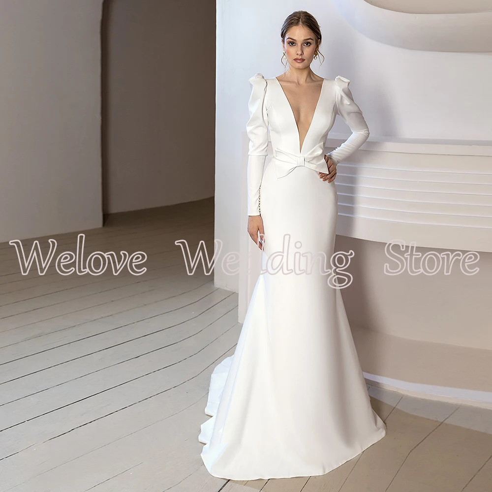 Chic Mermaid Wedding Dresses Long Sleeves White Bridal Gown V Neck Sweep Train With Bow Custom Civil  Formal Party Robe Mariage