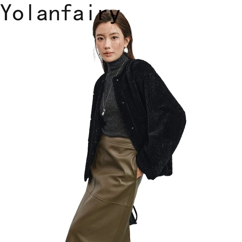 YOLANFAIRY 100% Real Fur Coat Woman High Quality Genuine Merino Sheepskin Shearling Coats Natural Fur Jacket Old Money Style