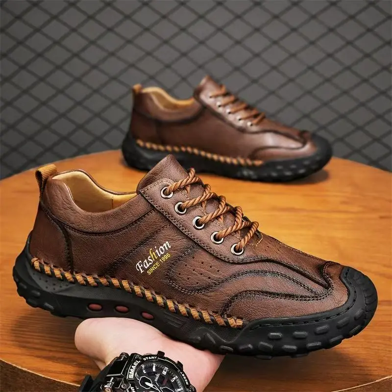 

Men Genuine Leather Big size Lace Up Outdoor Hiking Shoes Spring Autumn New Soft sole Non Slip Casual Sneakers Climbing Shoes