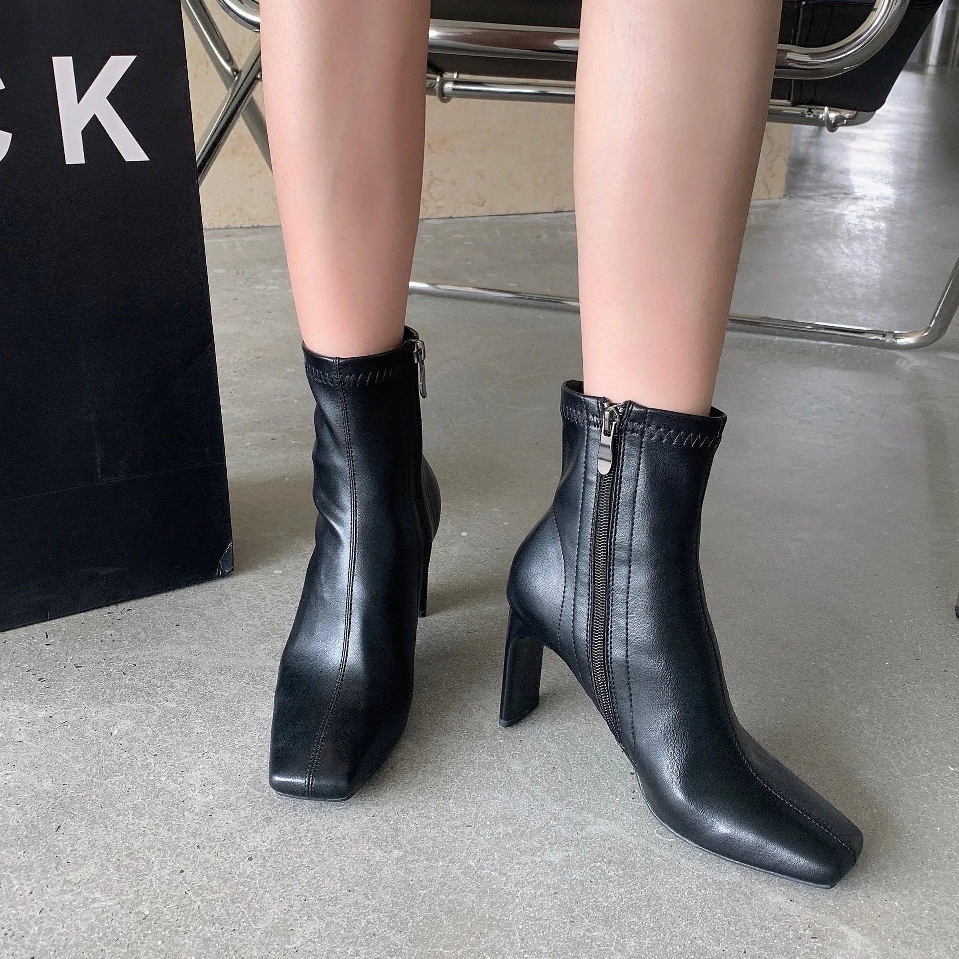 Rock Shoes Woman Lady Boots Winter Footwear Boots-Women Round Toe  Zipper 2024 Autumn Low Ankle Rubber High Heel Solid Slip-On R