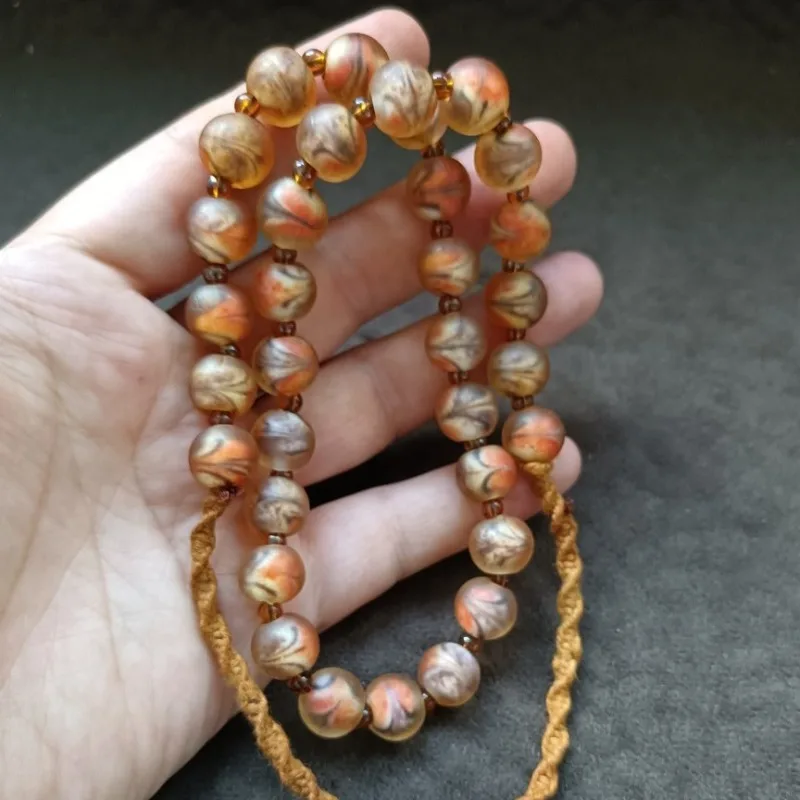 Vintage Swirl Pattern Glass Bead Necklace, Multicolor Marbled Round Glass Beads Boho Hand Knotted Layering Necklace