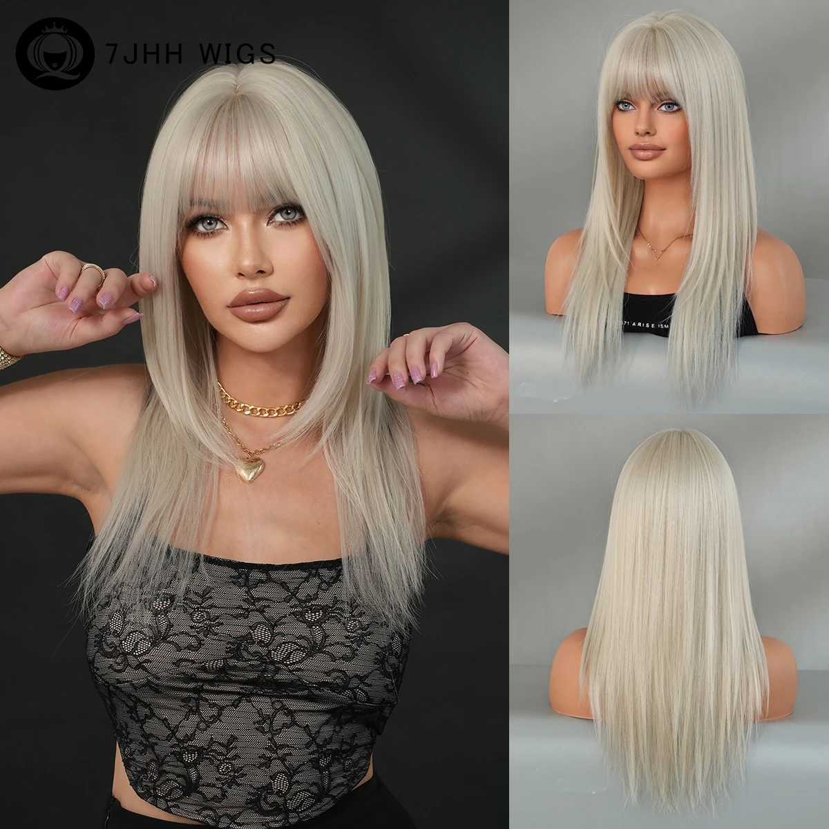 

Long Straight Silvery Wig for Women High Density Synthetic Heat Resistant Layered Ash Wigs with Neat Bangs Beginner Friendly