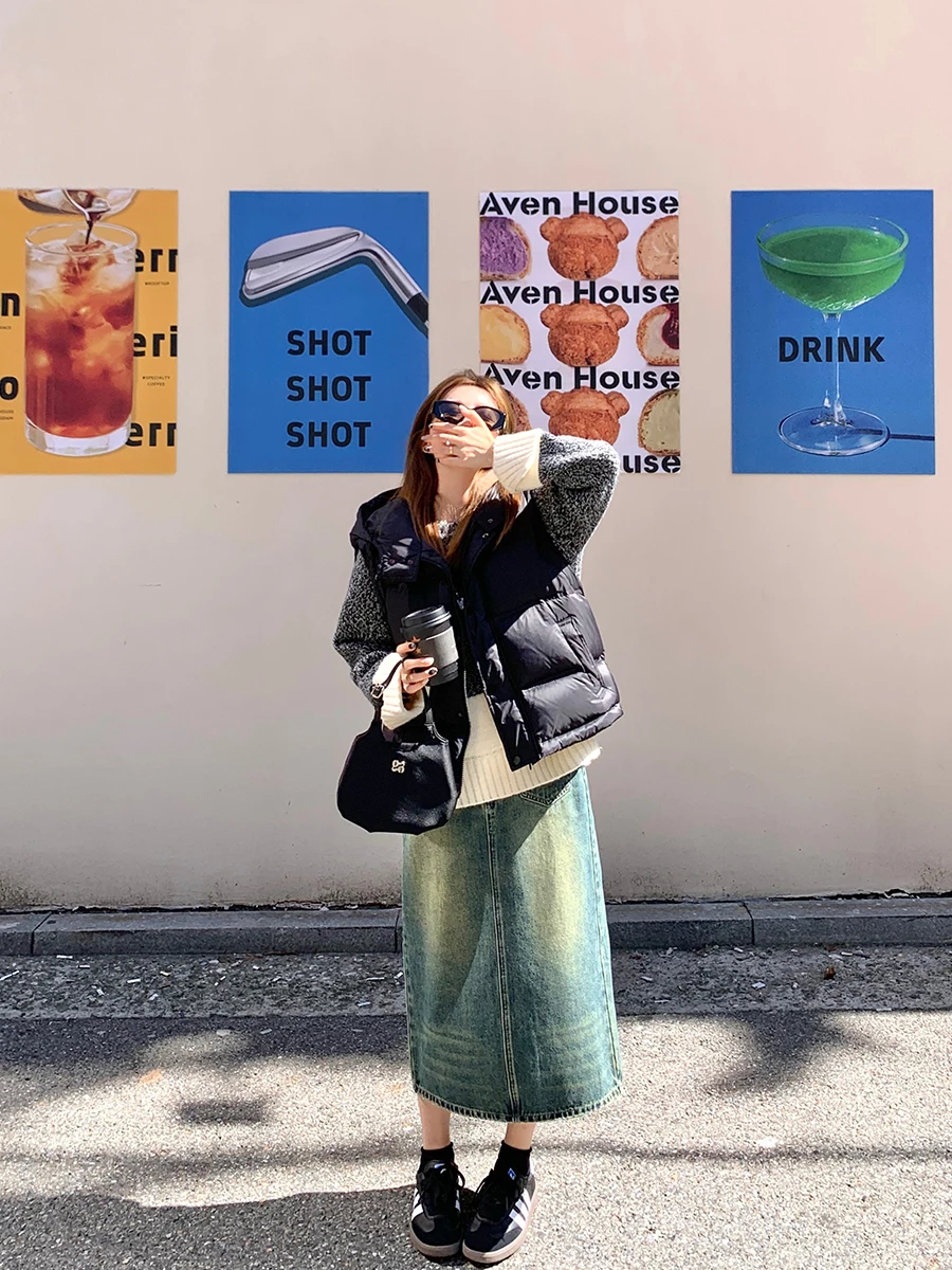 

Waed Denim Skirt A-Line High Waist Long Skirt Slimming Autumn Winter Faionable Small Stature Personali Jeans Skirt