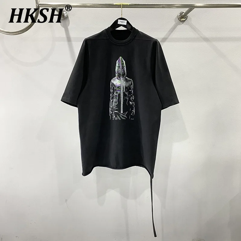 

HKSH Summer New Tide Dark Men's Streetwear Shark Print Tees Techwear Gothic Cotton Loose Thick Fabric Loose Large T-shirt HK2016