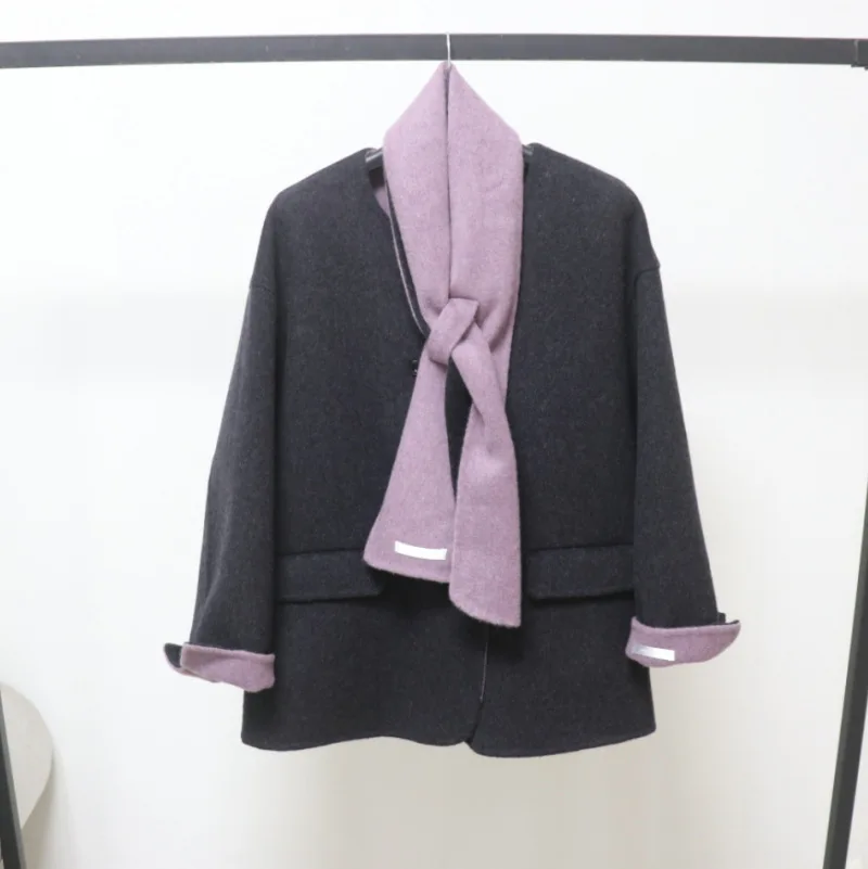 

Women's Autumn Winter Wool O Neck Long Sleeve Jacket With Scart Lady Korean Style Single Breasted Contrast Color Wool Outwear