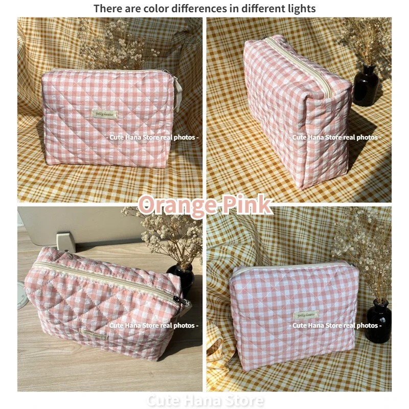 Sweet Plaid Pink Ladies Cosmetic Bags Fashion Large Capacity Portable Female Storage Bag Simple Soft Fabric Women\'s Clutch Purse