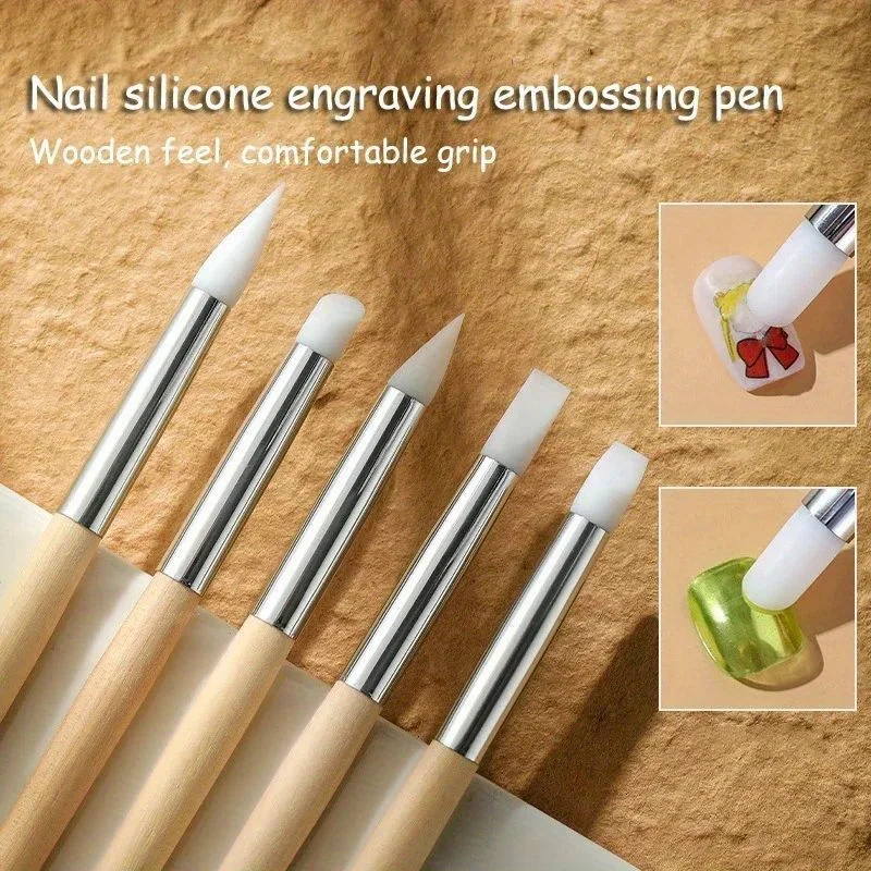

5 шт./компл., силиконовая ручка для дизайна ногтей, кисть для УФ-гель-лака, наконечник 3D изображения, кисти для тиснения «сделай сам», деревянная ручка для резьбы, инструмент для маникюра «сделай сам»