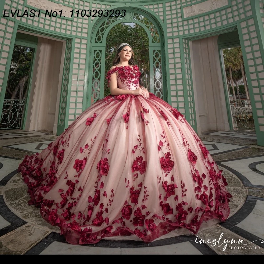 

EVLAST Customized Mexican Red Floral Quinceanera Dress 2025 Ball Gown Applique Beading Corset Sweet 16 Vestido De 15 Anos E1Q96