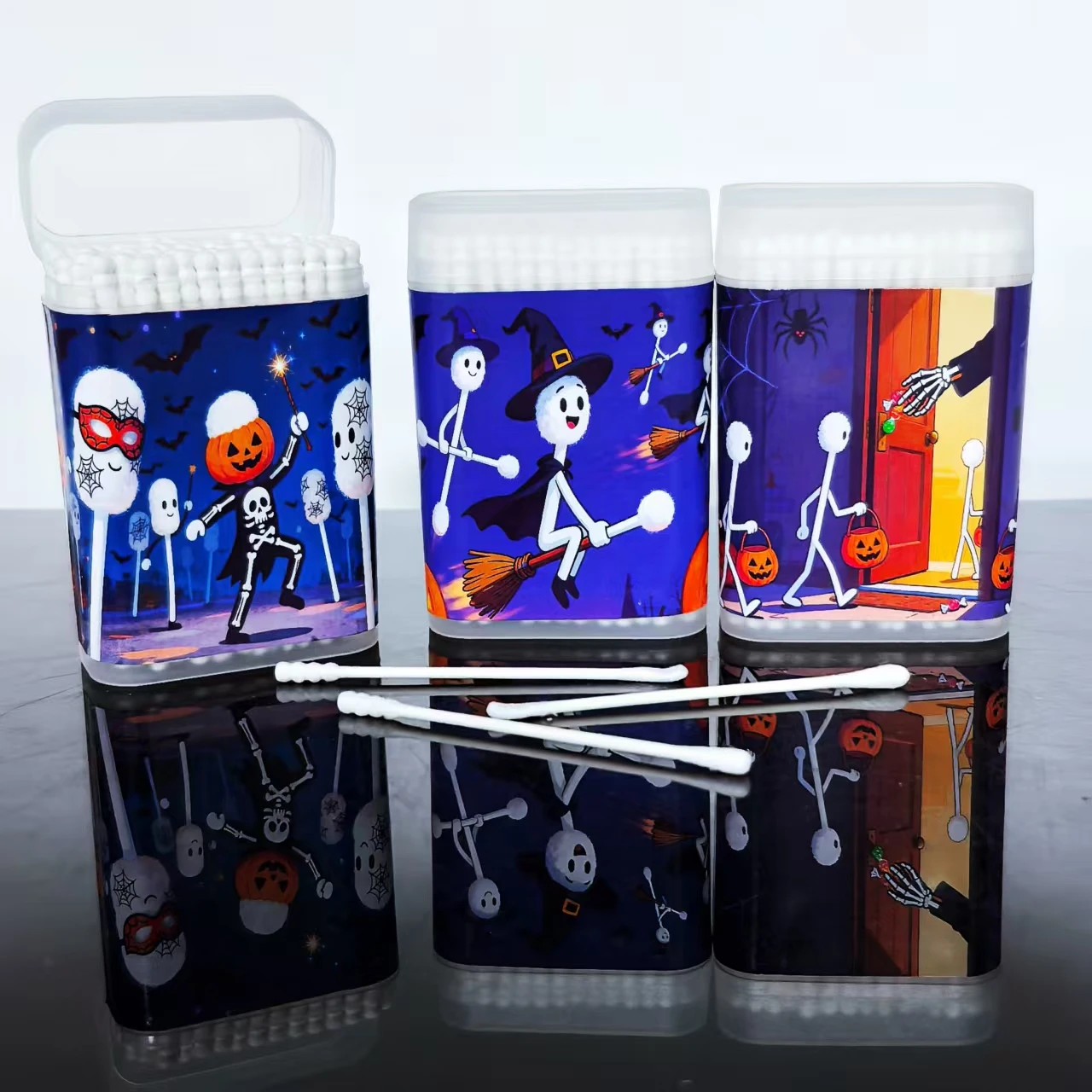 300pcs Halloween Trick-or-Treat Themed Cotton Buds, Double-Headed Thin-Shaft Paper Stick Household Cotton Swabs