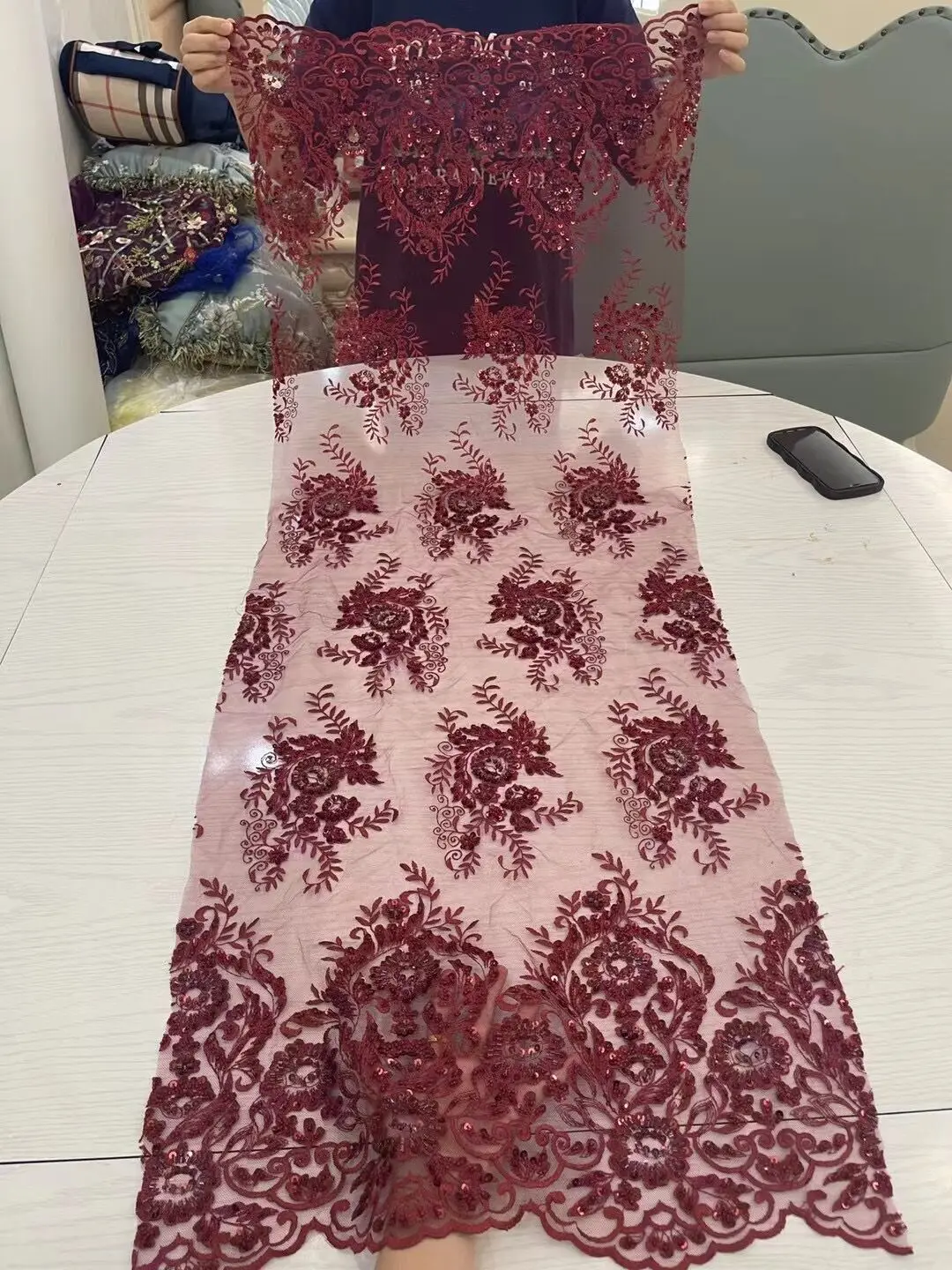 

African ZH-1225883 Lace Fabric Embroidery With Sequins and beads Nigerian Tulle For Wedding Party Long Dress