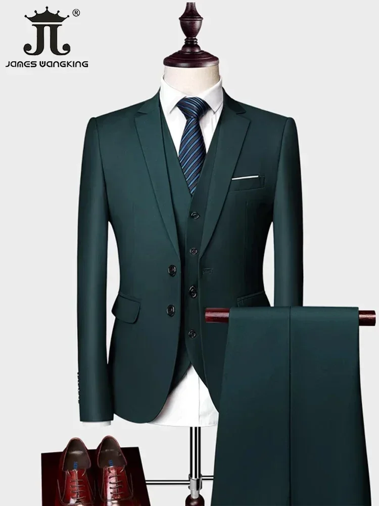 ( Jacket +Vest+ Pants ) Luxury Men's High-end Brand Solid Color Business Office Suit 3Pcs & 2Pcs Groom Wedding Party Suit Tuxedo