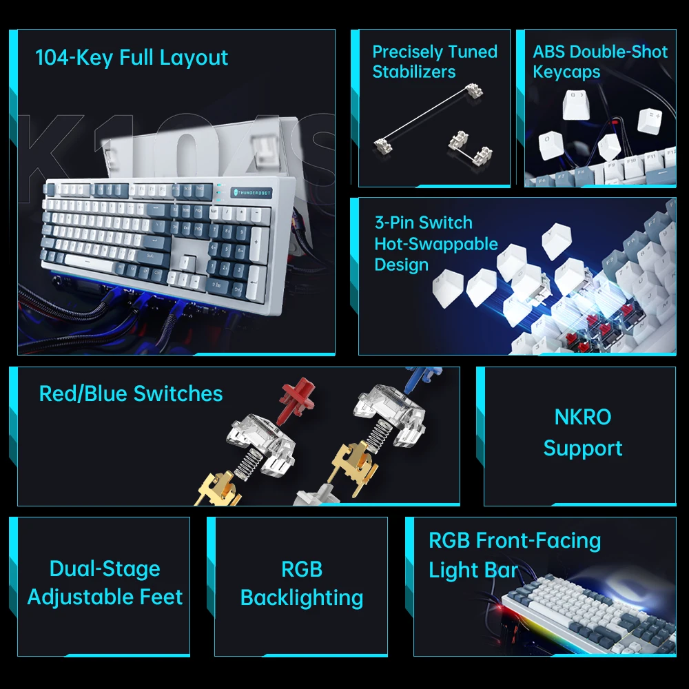 Thunderobot K104S คีย์บอร์ดขนาดเต็ม 104 คีย์สํานักงานคีย์บอร์ด ABS Shine-ผ่าน Keycaps สําหรับ PC แล็ปท็อป