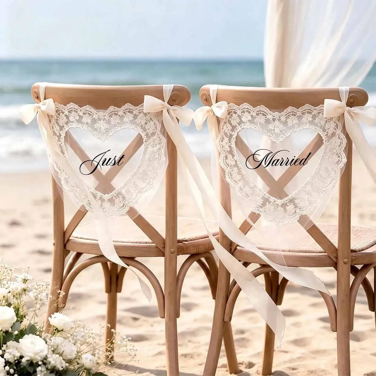 Just Married Lace Chair Signs Heart Shaped for Bride & Groom Wedding Day Chair Decor Supplies Bridal Shower Party Accessory