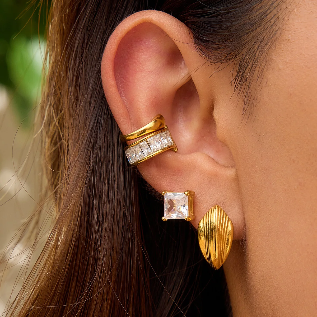 Ars Stainless Steel No Piercing Ear Cuff with Shiny Zircon for Women 18k Gold Plated Cartilage Earrings Statement Clip Earrings