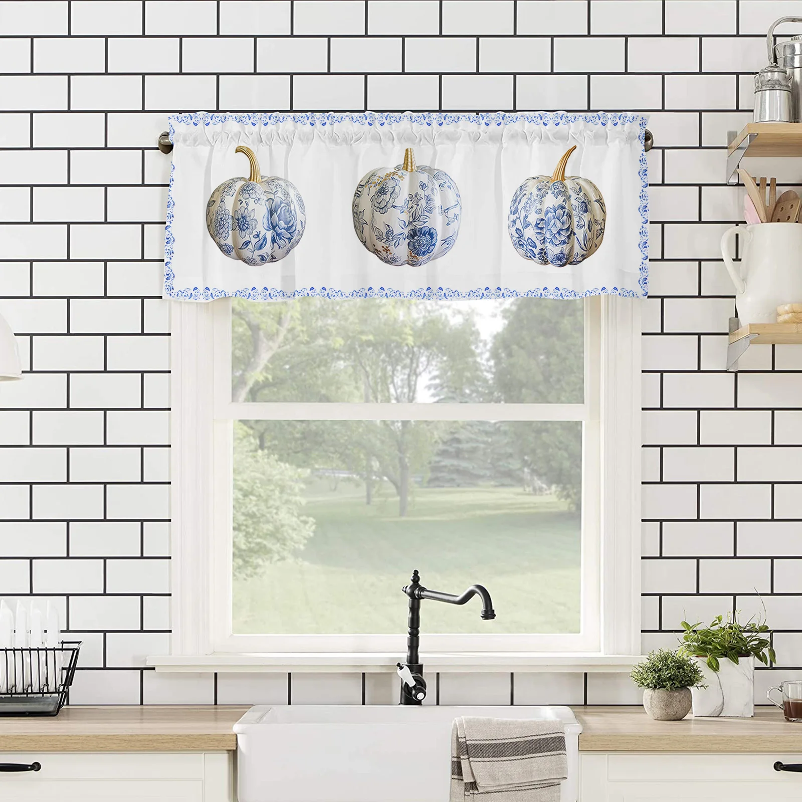 

ZEDLIYU Valances for Windows Kitchen Living Room Small Window Valance Vintage Autumn Pumpkin Blue and White Porcelain 1 Panel