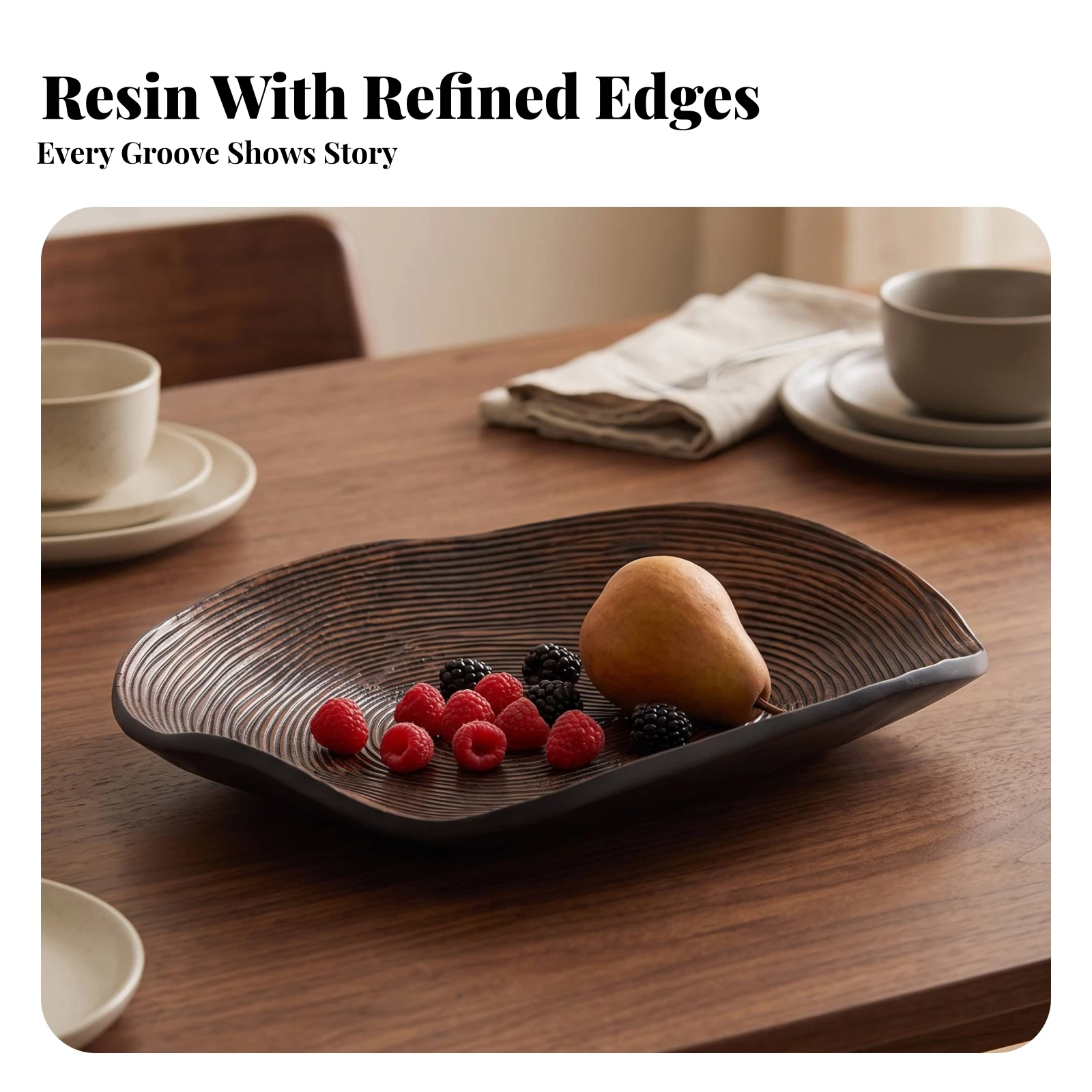 Asymmetrical Fruit Bowl Elegant Wood-Grain Look Tray Resin Decorative Tray Rounded Edges Fruit Platter Easy to Wipe Clean