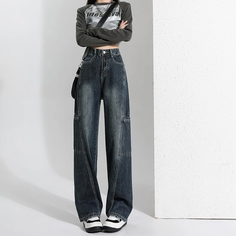 Blue Vintage Cargo Denim Pants For Women Fashion Design Sense Straight-leg Streetwear  2023 Jeans Female Clothing