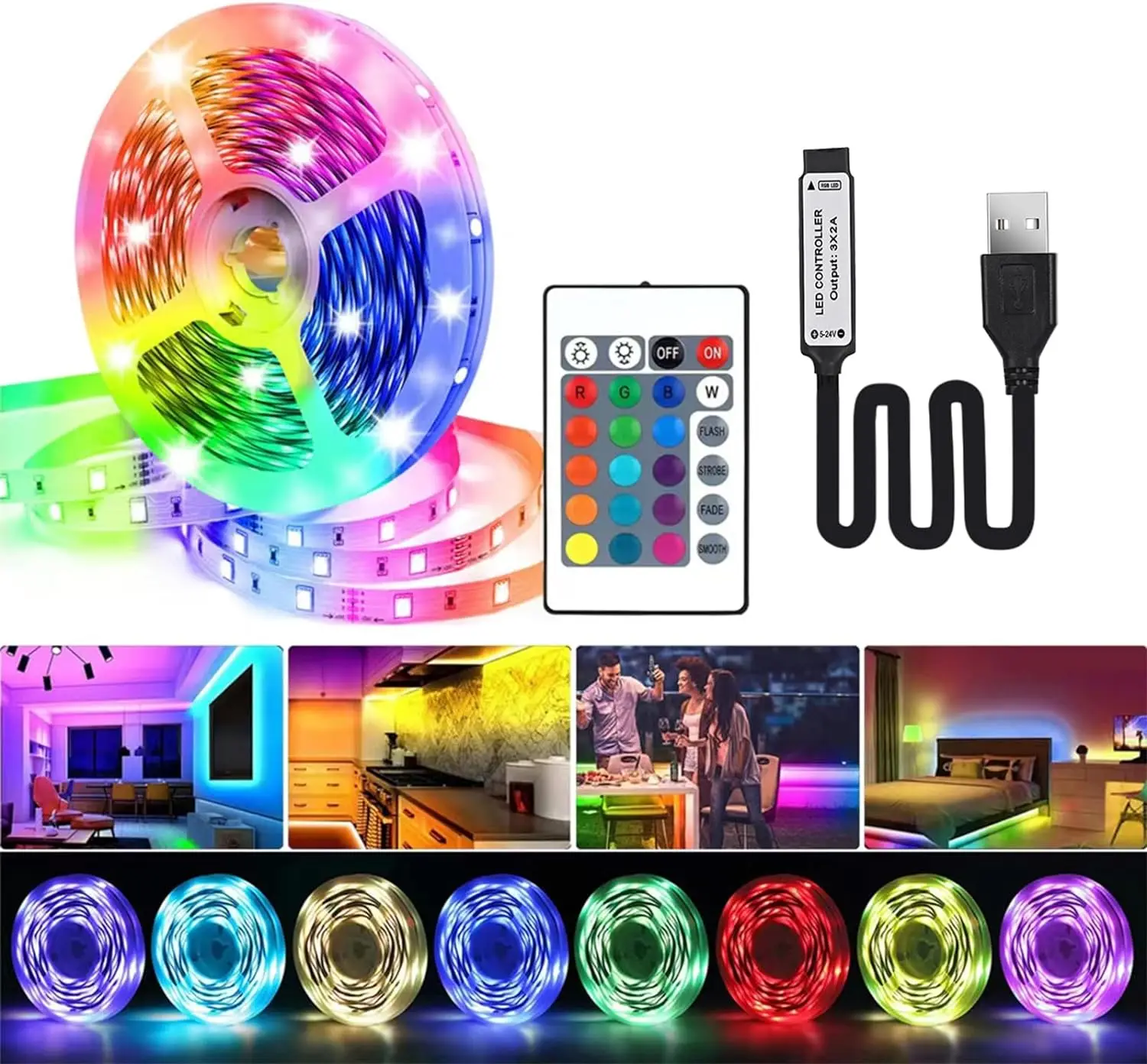 LED Strip Light RGB 1/2/3/4/5M USB 2835SMD Flexible Lamp Tape With Remote Control For TV Backlight Home Party Decoration