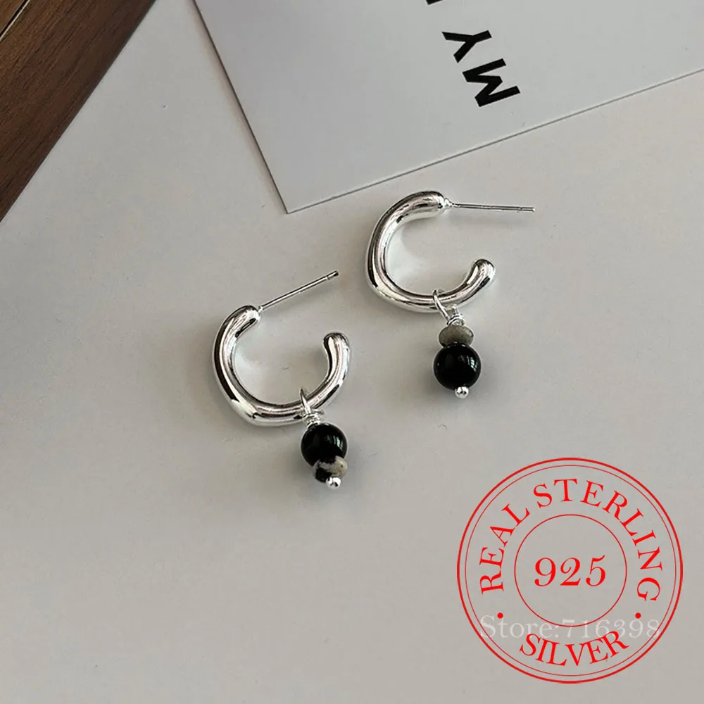 925 Sterling Silver C-shaped Semicircle Black Onyx Balls Stud Earrings For Women Wedding Party Gift Female Pendientes Mujer Moda