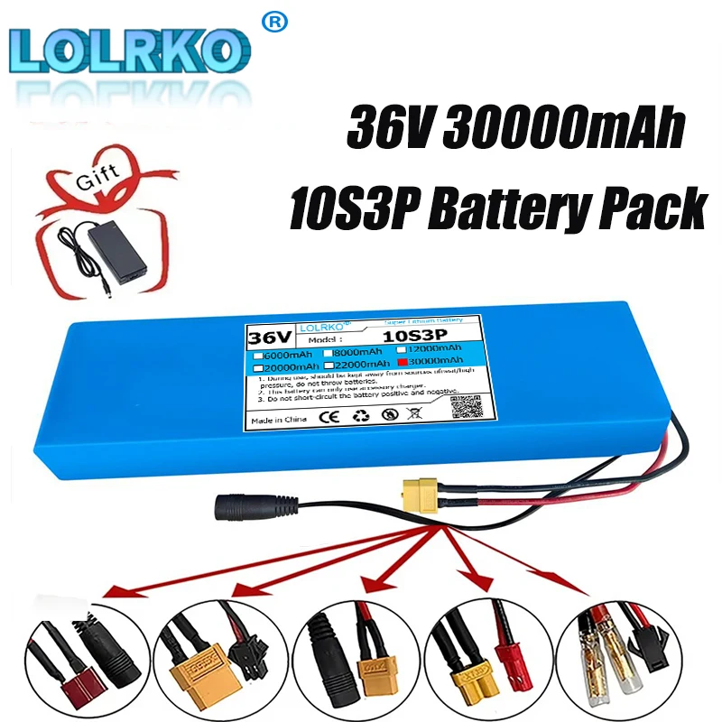 

36V 30000mAh 18650 Rechargeable Lithium Battery Pack 10S3P Power Modified Bicycle Scooter Electric Vehicle with BMS+charger