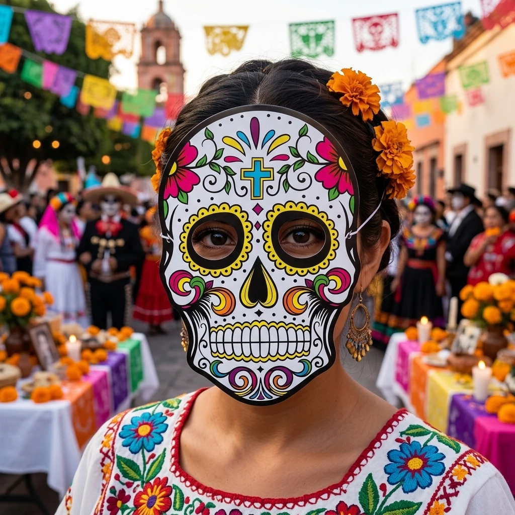6-60PCS Colorful Sugar Skull Full Face Mask with Elastic Band Halloween Day of The Dead Cosplay Party Costume Mask Festival Prop