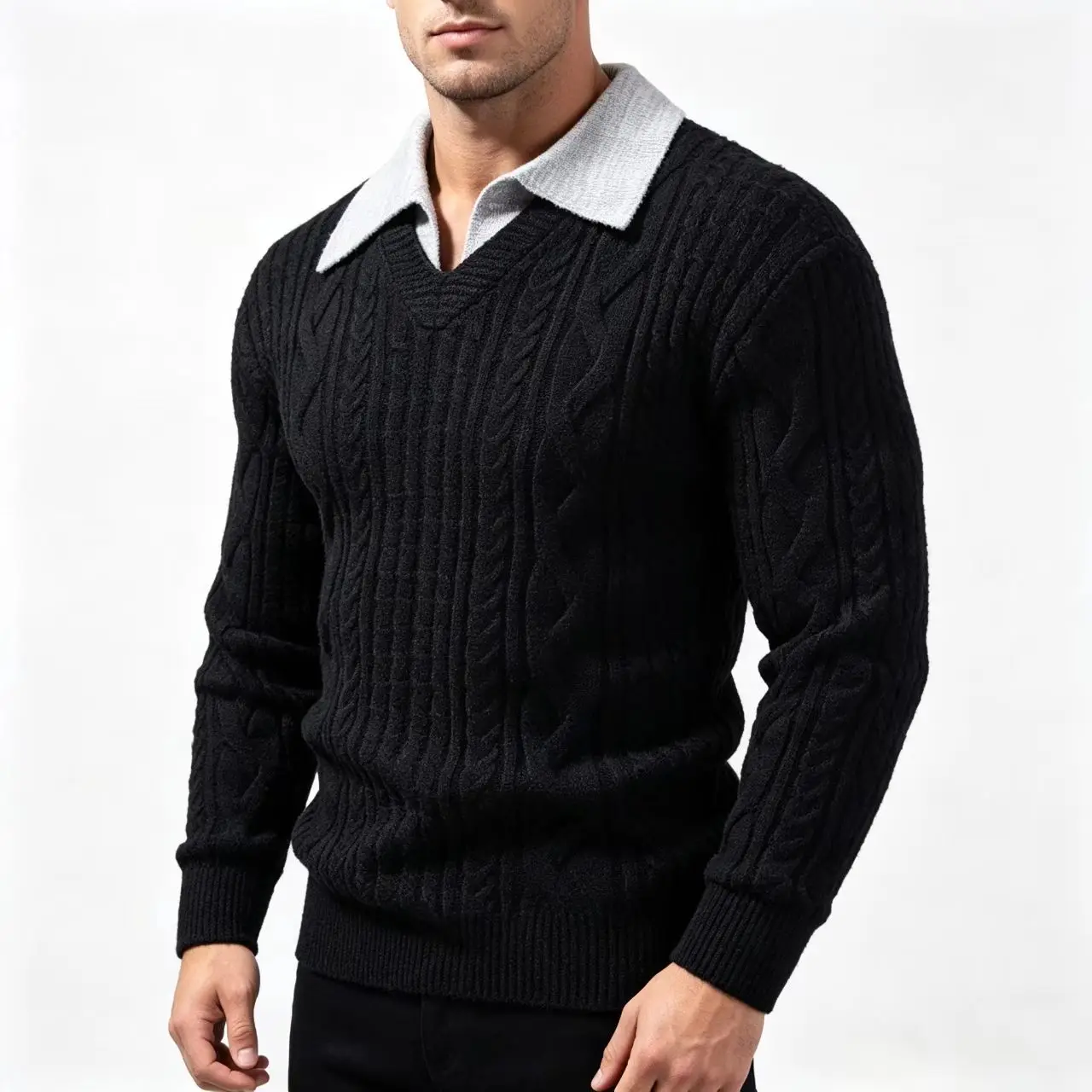 New Fashion Men's Pullover Fake Two-Piece Sweater Autumn Lapel Fried Dough Twist Knit Turn-Down Collar Male Knit Top
