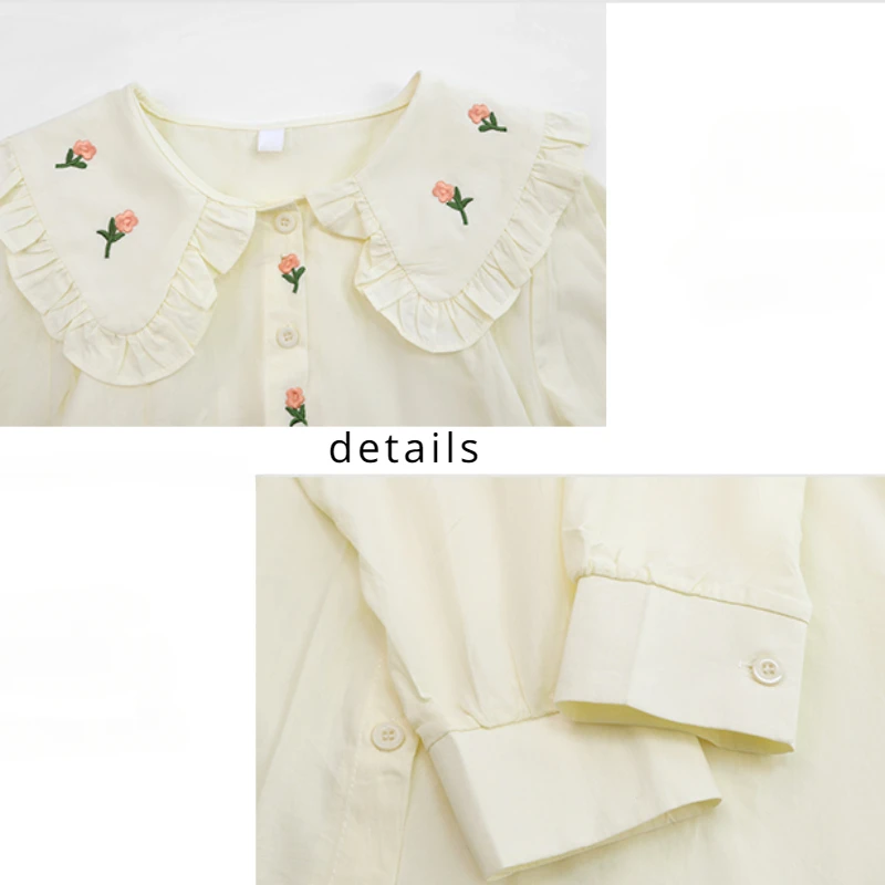 Peter Pan Collar Shirts Women French Autumn Flower Embroidery Button-up Girls Long Sleeve Tops Sweet All-match Single Breasted