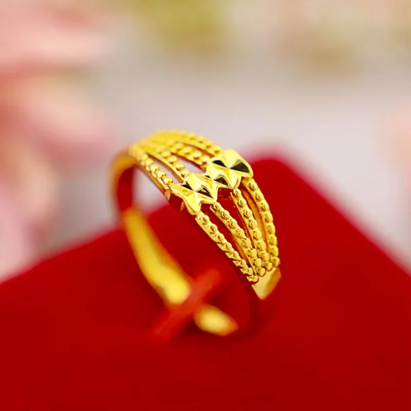 9999 Real Gold 24K Japanese and Korean Fashion Women's Style Four-Line Open Women's Ring Gold Fashion Women's Gold Small Ring