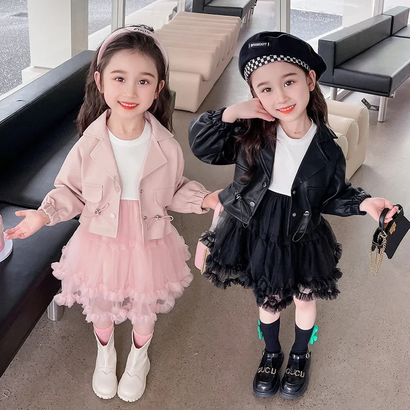 Girl Clothes Suit Autumn 2023 New Baby Foreign Style Small Fragrant Wind Leather Coat Dress Two-piece Set Kid Clothes Suit