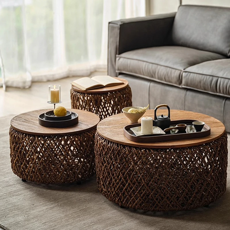 Nordic High-End Rattan Coffee Table - Designer Round Living Room Center Tea Table | Creative Solid Wood Home Furniture FYCT
