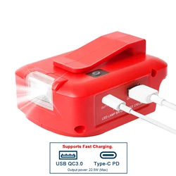 Adaptor For Milwaukee 18V battery to DIY DC 12V 3A and  PD 22.5W QC 3.0  USB C  Type C charging port  flash light