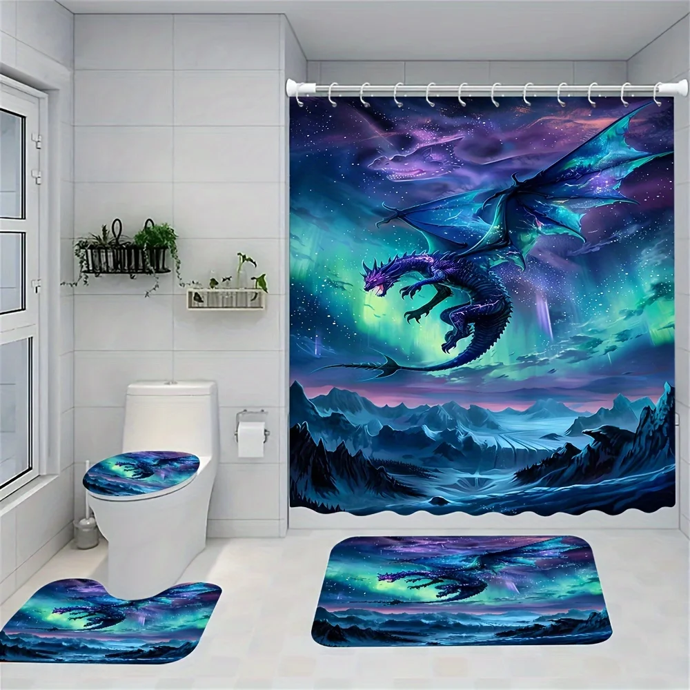 Galactic Wolf Bathroom Four-Piece Set - Cosmic Waterproof Shower Curtain for a Complete Bathroom Set