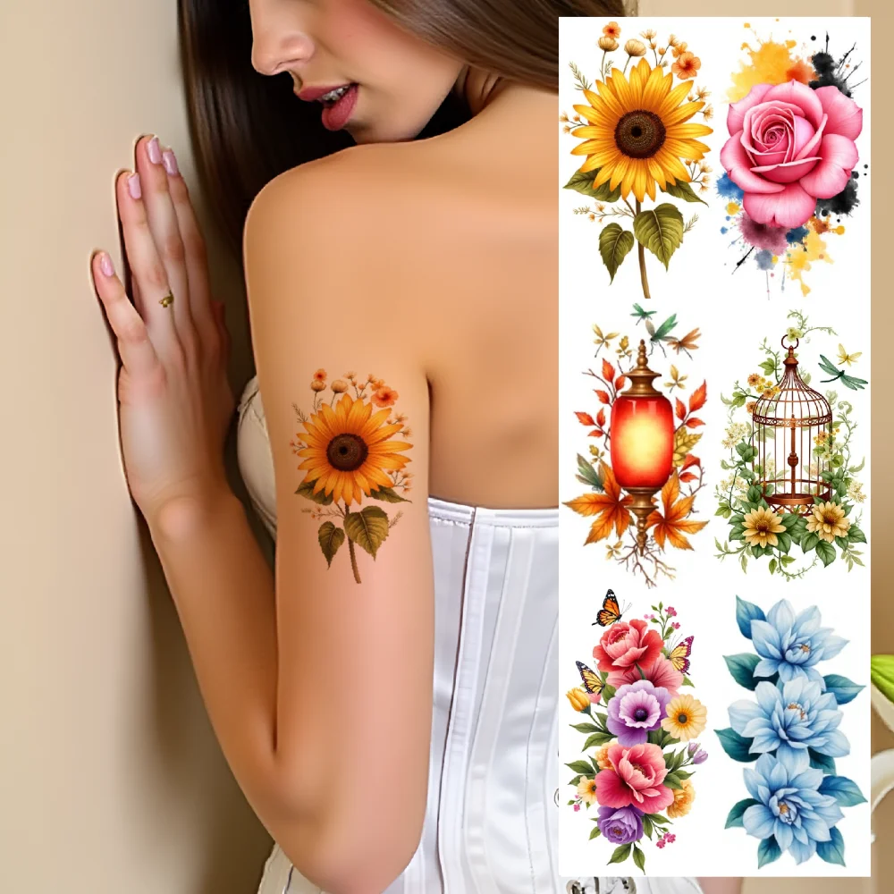9pcs Temporary Tattoo Decorative Flowers Waterproof Long-lasting Body Stickers Floral Tattoo Arm Tattoo Colorful Rose For