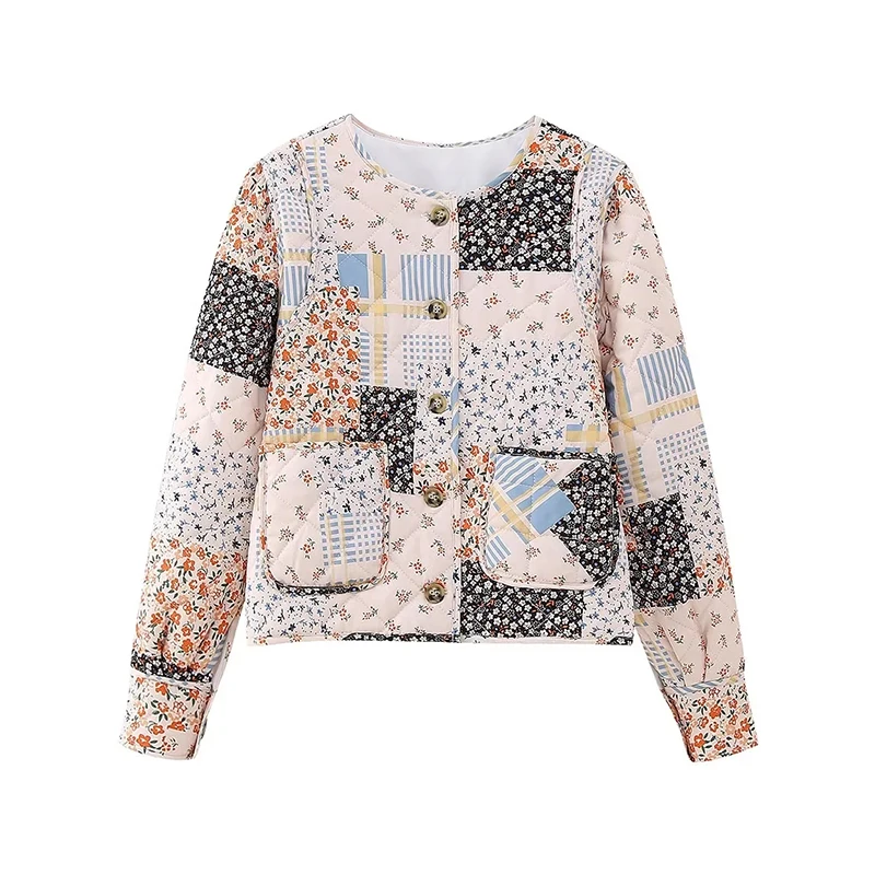 Vintage Floral Printing Patchwork Cotton-padded Clothes Jacket Winter Warm Coat Casual Long Sleeves Front Pocket Lady Streetwear