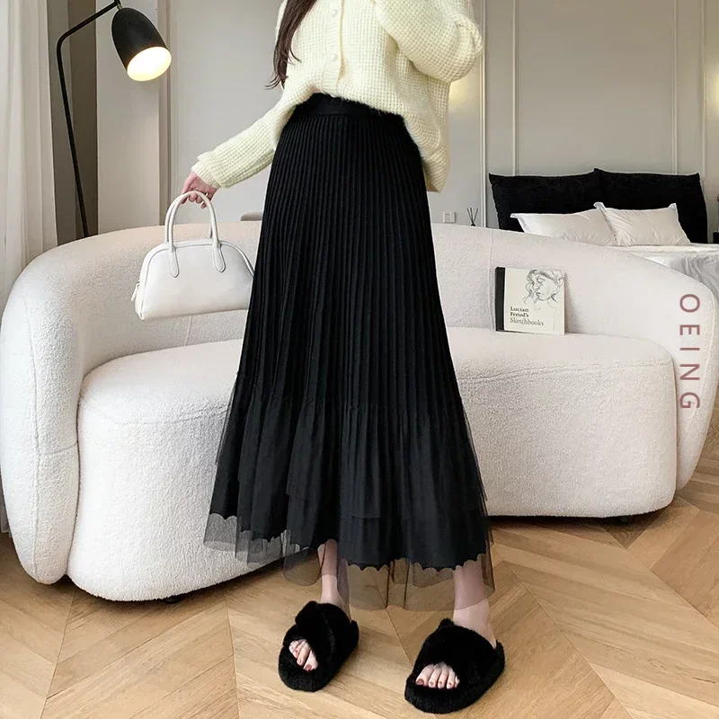 

Fashion Spliced Mesh High Waist Long Pleated Skirt Autumn Winter Women Elegant Loose Sweet Casual Korean Style Maxi Skirts 8018