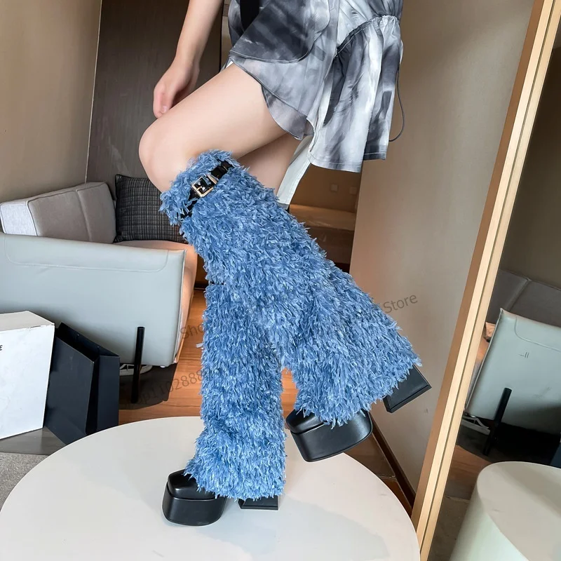 

Knee High Blue Platform Fur Belt Buckle Decor Boots Chunky High Heel Women Shoes Slip-On Square Toe 2023 Zapatos Para Mujere