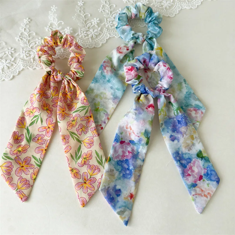 Summer new color printing oil painting ponytail streamer hair band hair tie headgear