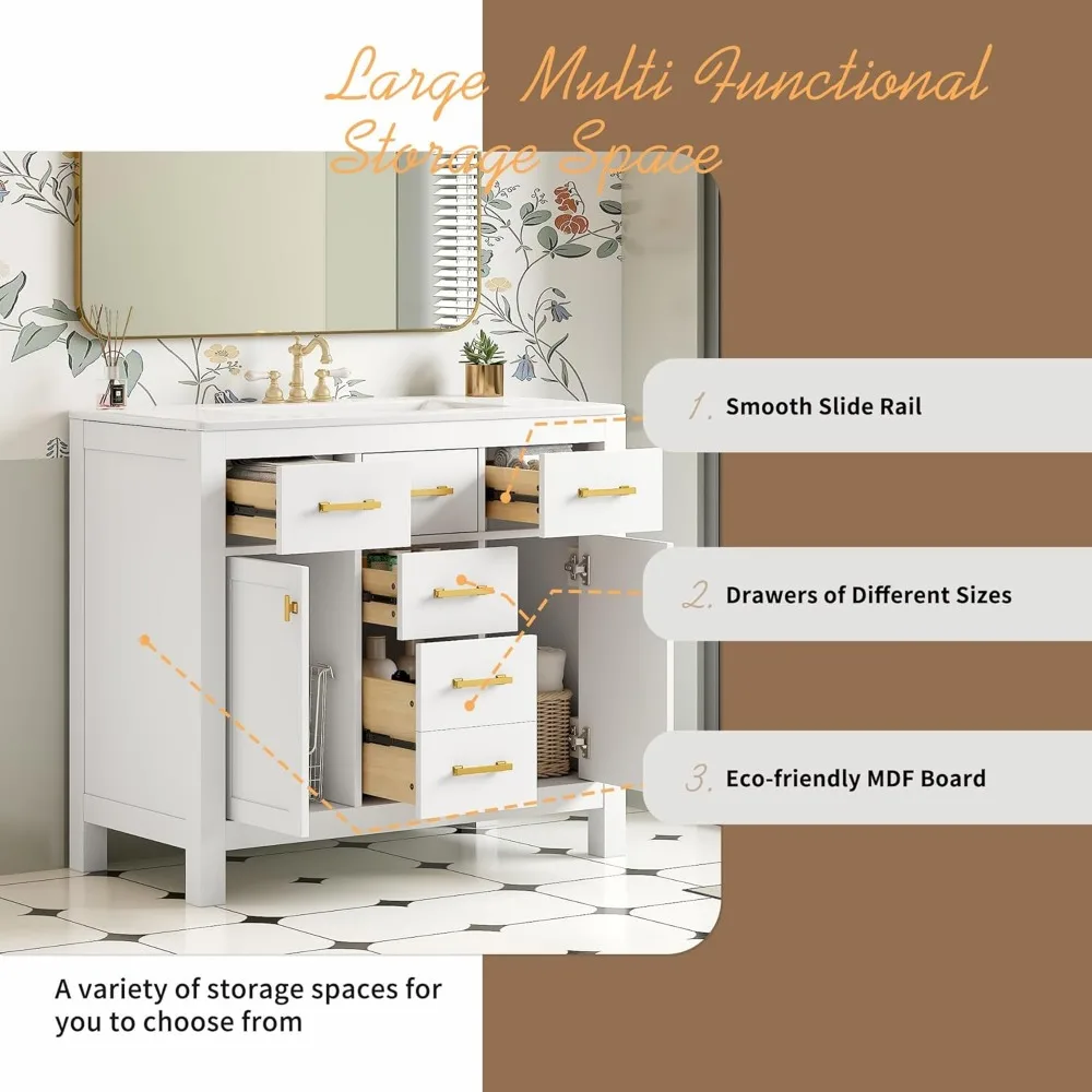 36" Bathroom Vanities with Single Sink Set, Bathroom Storage Cabinet with 4 Drawers and 2 Soft Closing Doors, Solid Wood Frame B