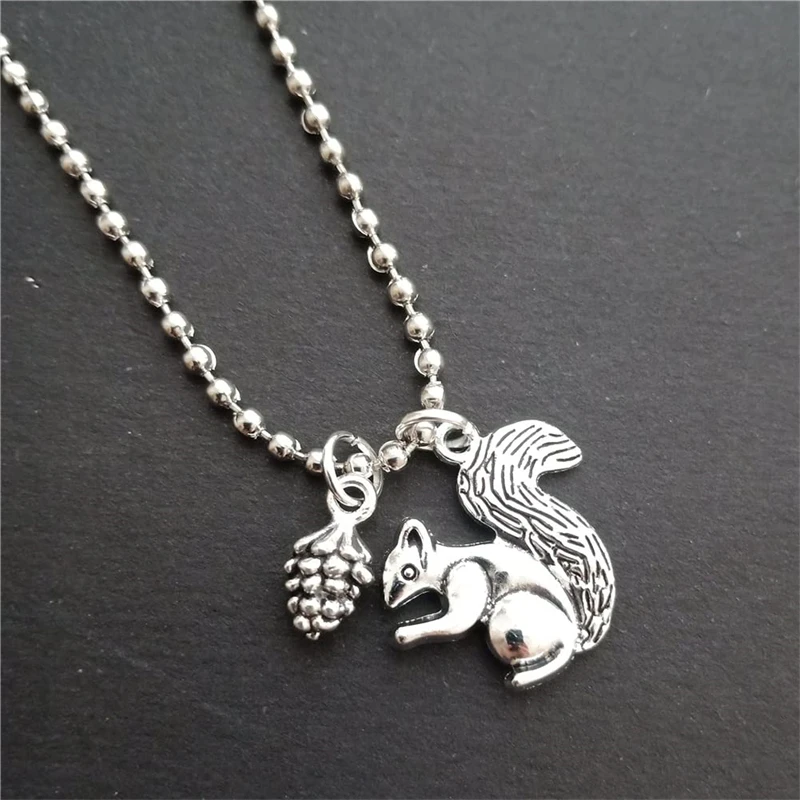 Squirrel and Pine Cone Necklace, Cute Charm Pendant, Long Necklace for Man Woman, Antique Silver Color