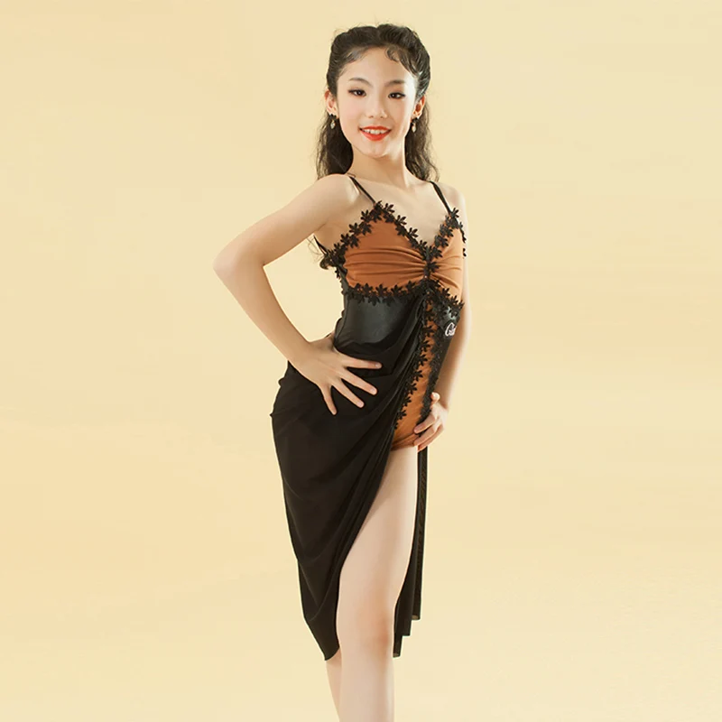 

Lace Up Mesh Latin Dance Dress For Girls Tango Practice Dancewear ChaCha Dancing Stage Costume Rumba Dance Clothes DL10051