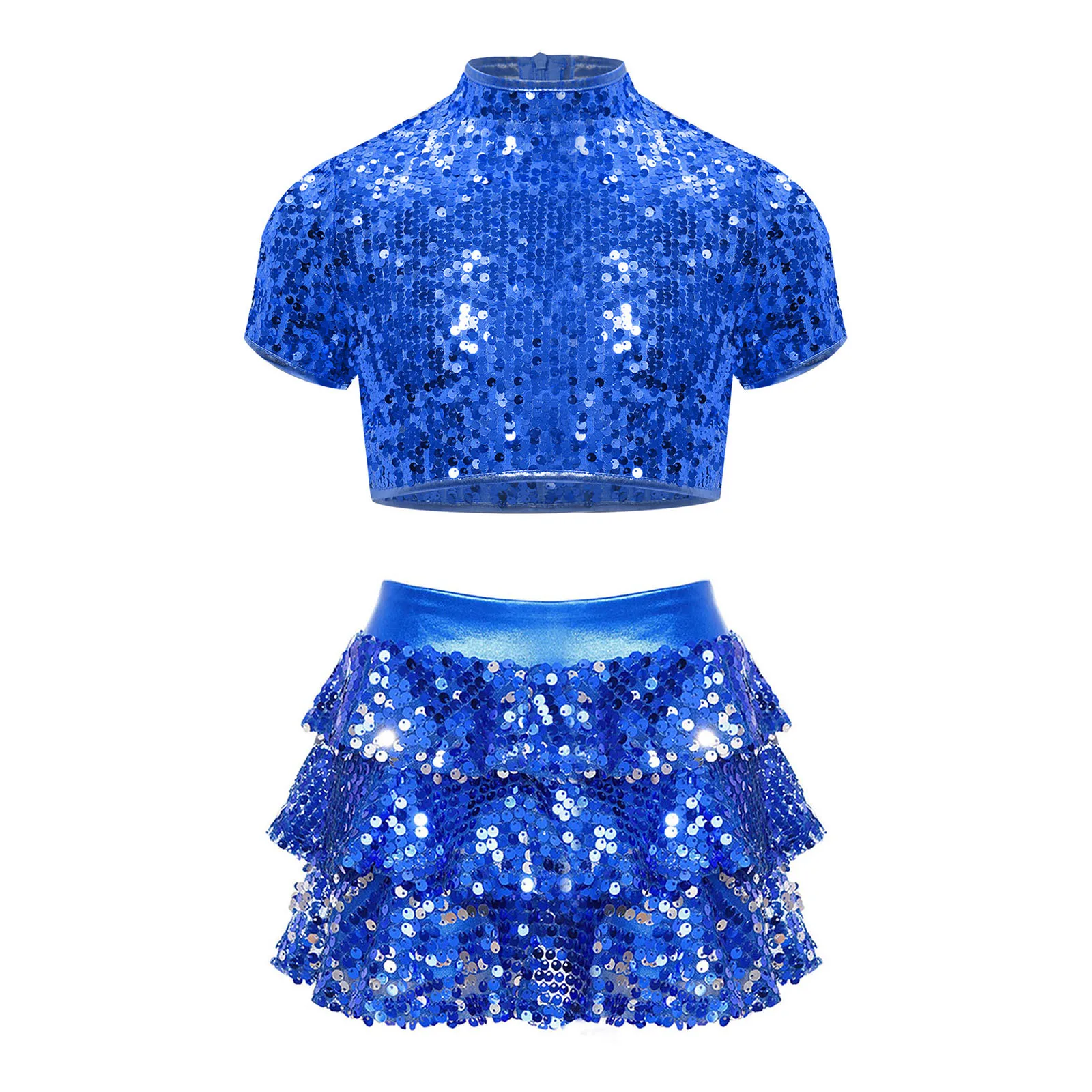 

Kids Girls Modern Hip-hop Dance Costume Outfit 2pcs Cheerleaders Shiny Sequins Crop Tops and Shorts Skirt Set Performance Suit