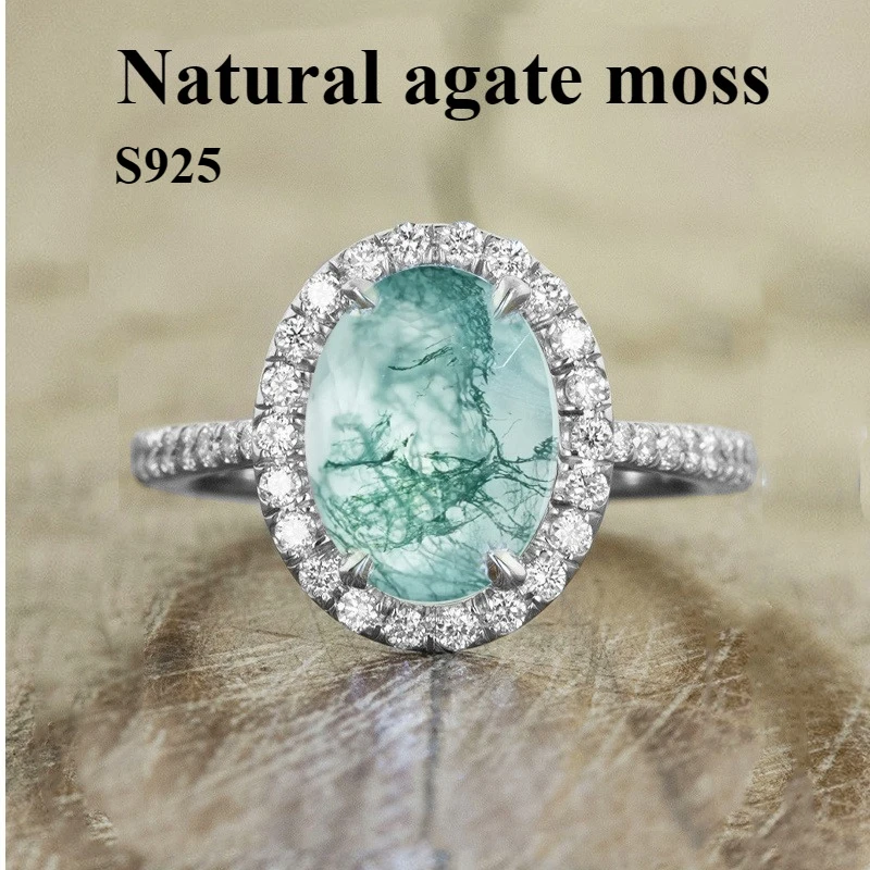 Natural stone 2 ct Oval Cut moss agate 7x9mm vvs1 ring S925 silvery hundred face cut sterling silvery ring for girl women,