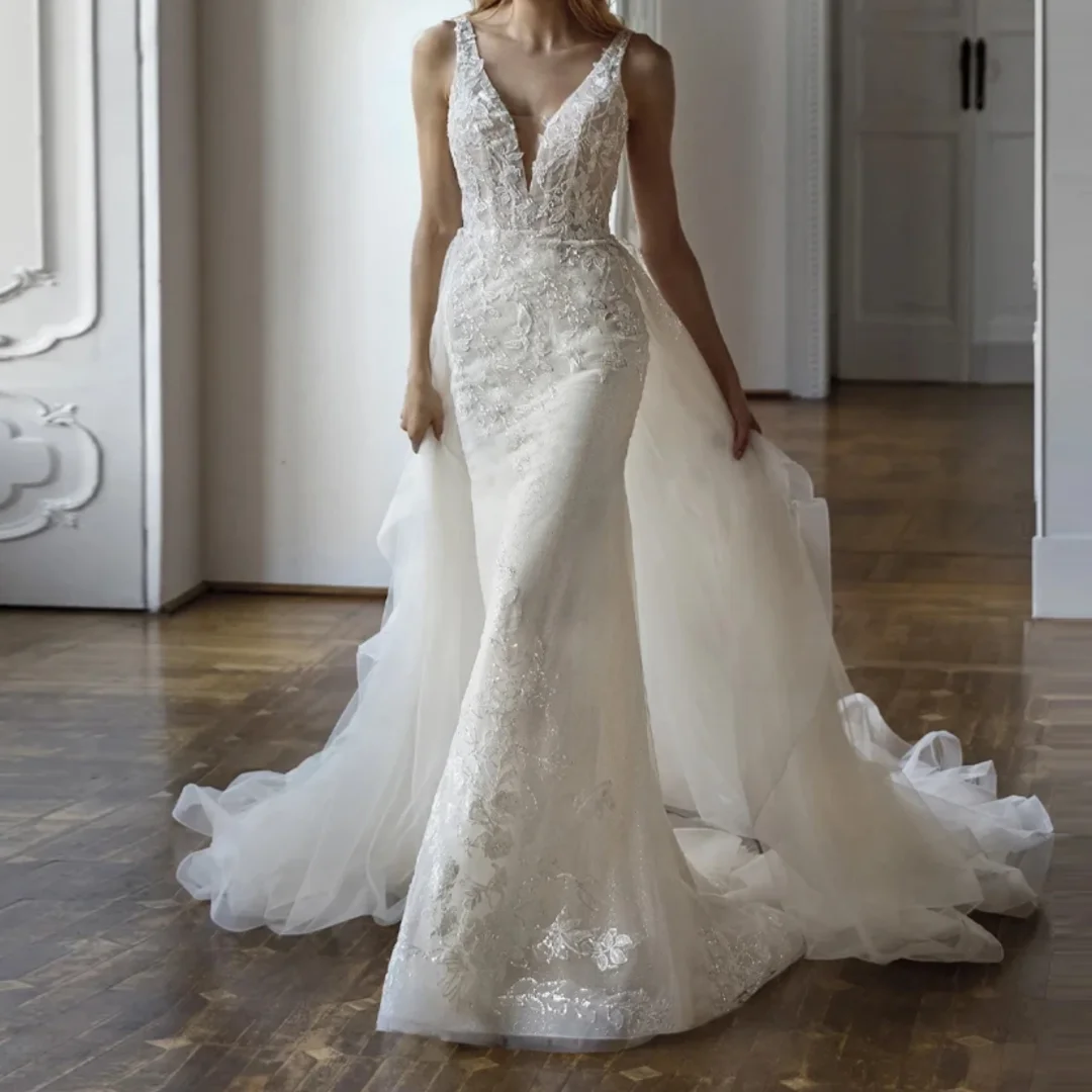 

Graceful Wedding Gown for Bride Appliques V-neck Zipper Sleeveless Detechable Train Vestido De Novia Wedding Dress Customized