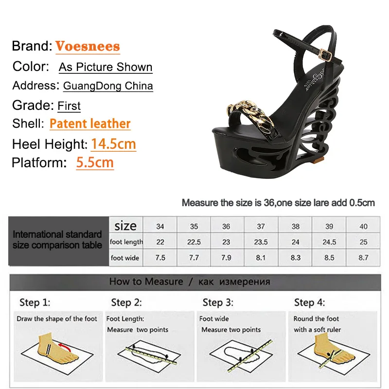 Women Summer Sandals Hollow Out Platform Party Wedges Shoes Fashion Metal Chain Decoration Solid Color Catwalk Model High Heels