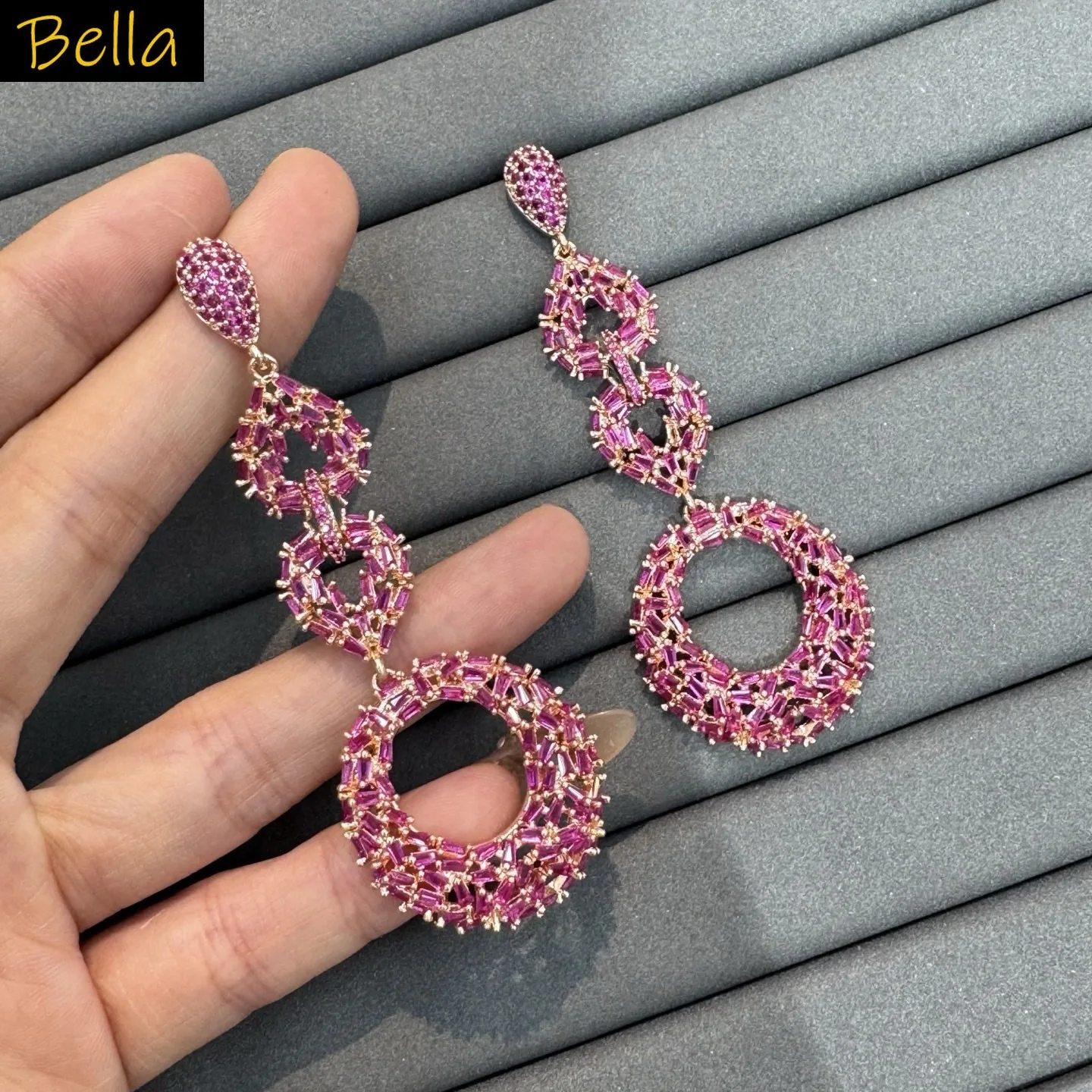 cubic zirconia earrings for women jewelry gala event dinne party pink fushia circle long dangling earrings female gift