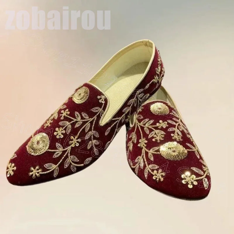 

Burgandy Foliage Embroidery Sequins Flower Loafers Fashion Slip On Men Shoes Luxury Handmade Party Feast Dating Men Dress Shoes